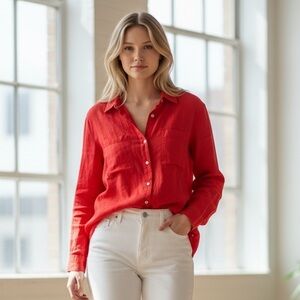Christian Siriano 100% Linen Shirt Vibrant Red Button-Down Long Sleeve Medium